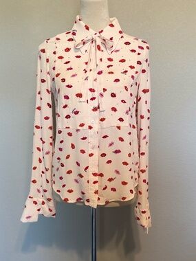 Zadig & Voltaire Womens Small Cream Lip Print Tie Neck Blouse Viscose Novelty